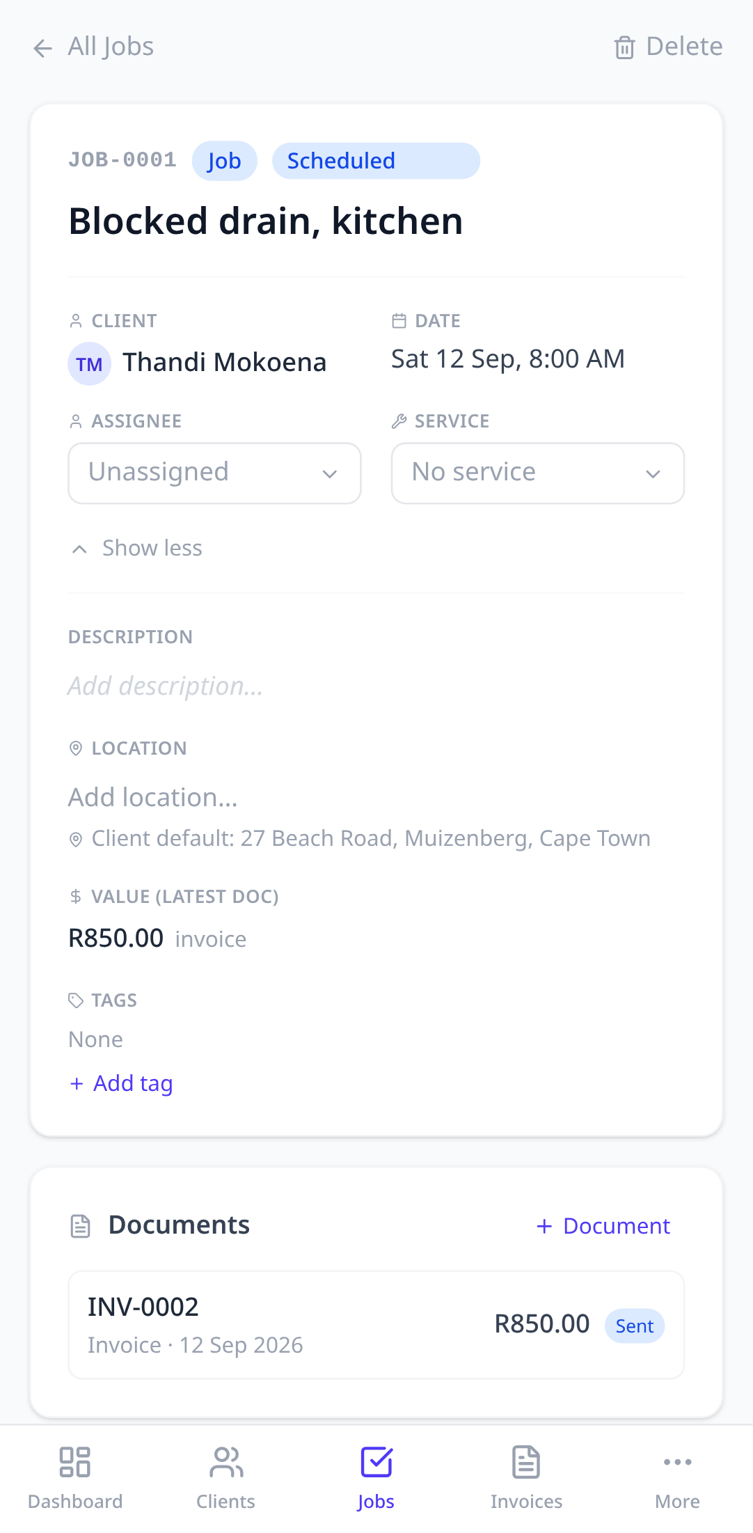 The job's detail page with status badge, client, and location