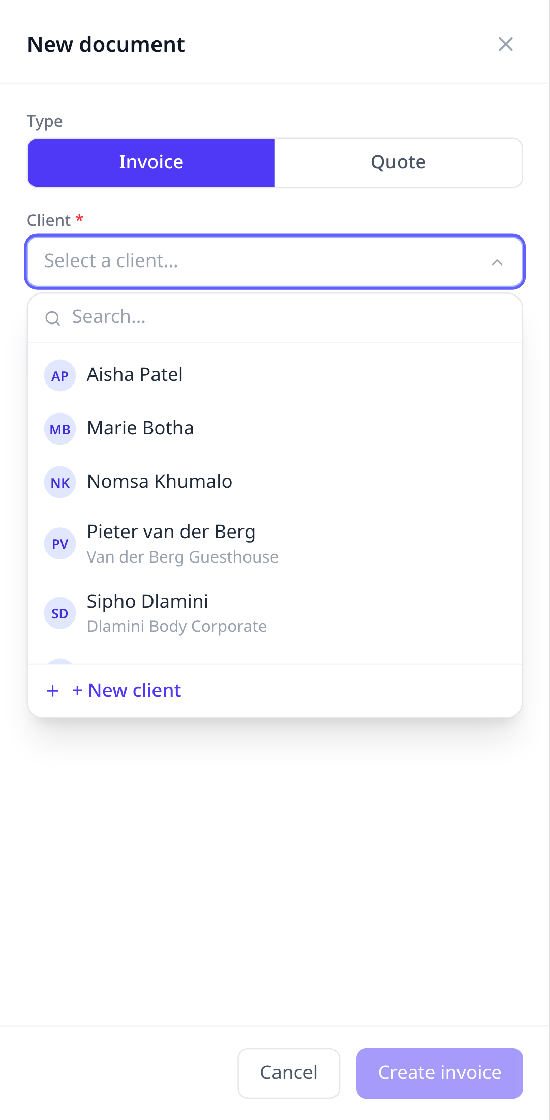 The New document screen with the client picker open
