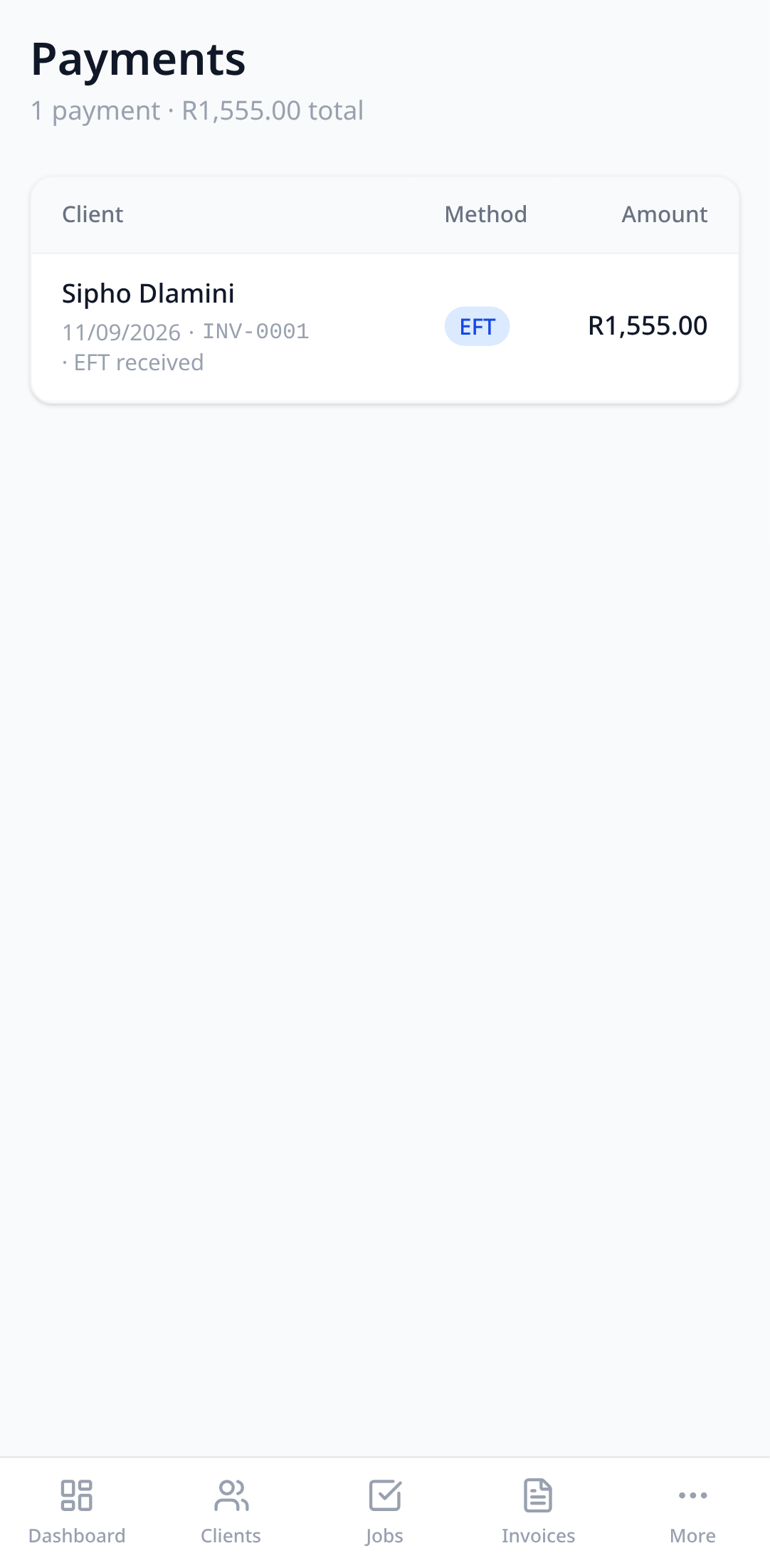 The Payments page with a recorded payment against an invoice